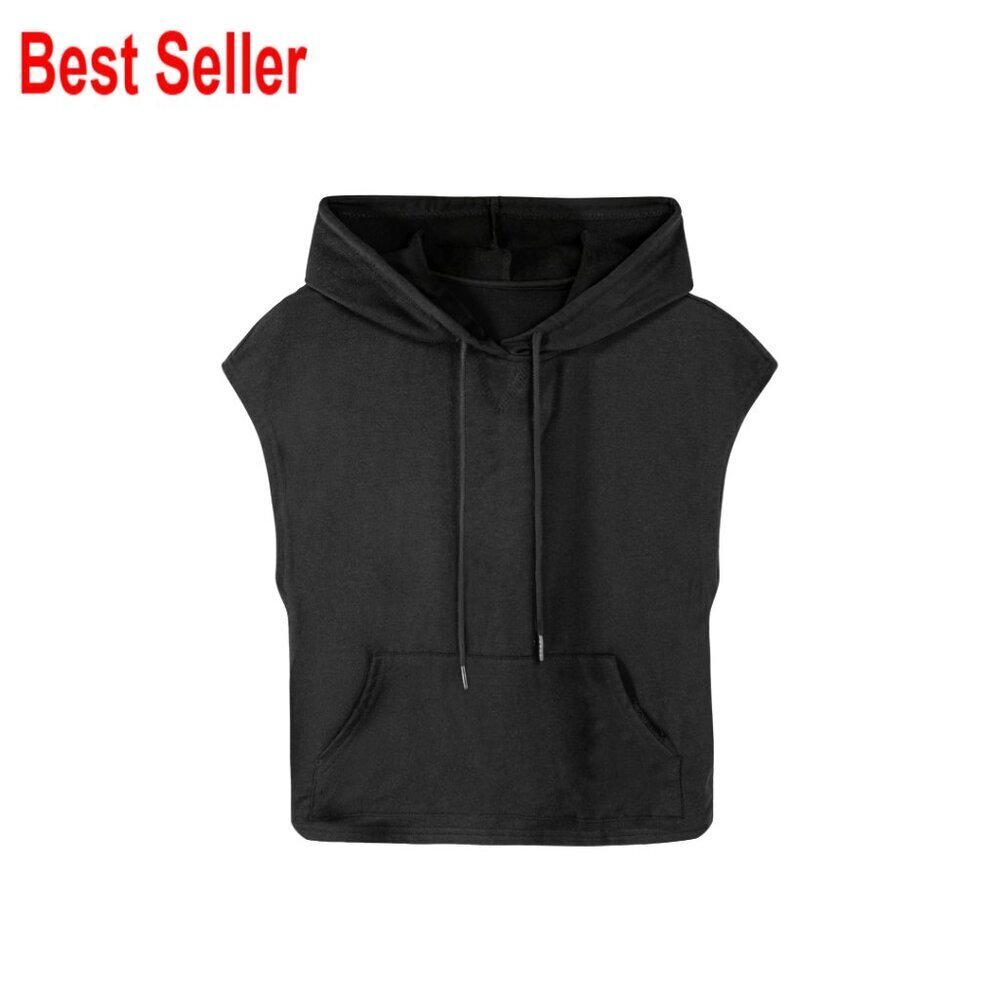 Sleeveless Hooded Crop Tank Top, Polyester-Cotton Blend, Drawstring Workout Top